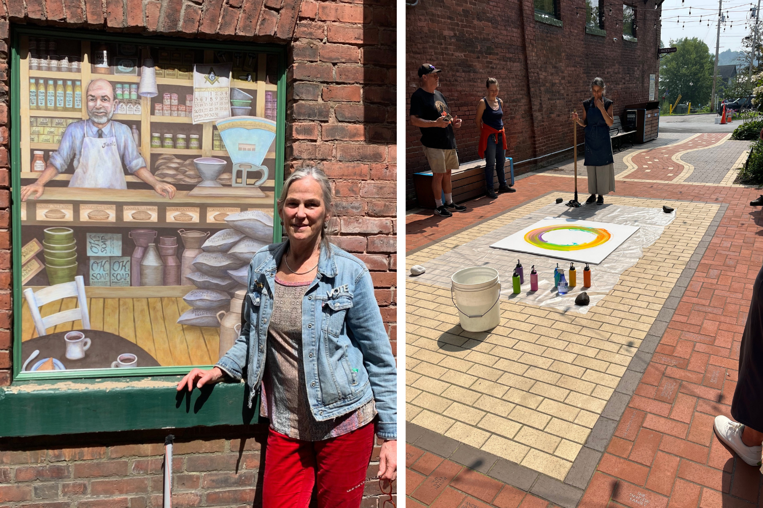 Artist Sarah-Lee Terrat with her mural of Jack's General Store & Artist Monica DiGiovanni leads an art project in the alley