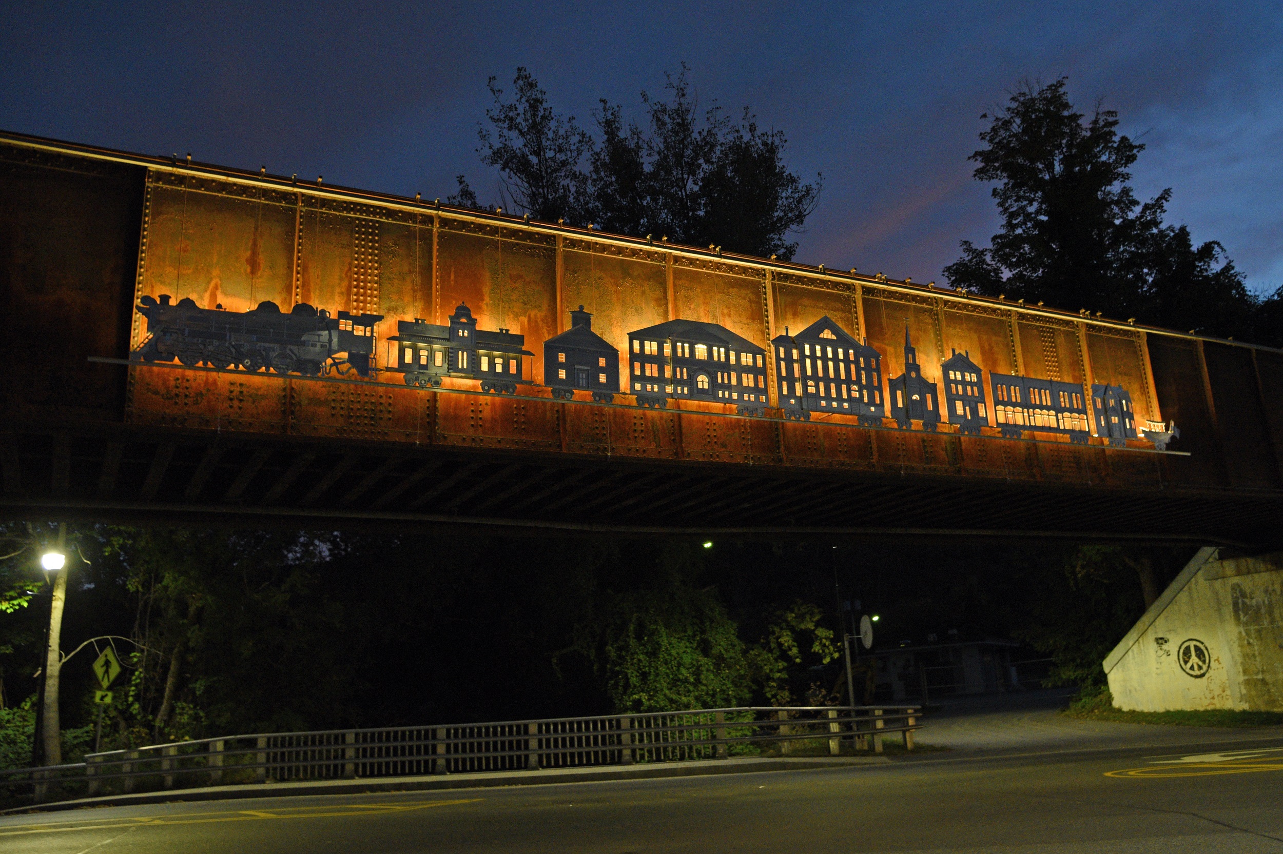 The Waterbury Special Rail Art at night